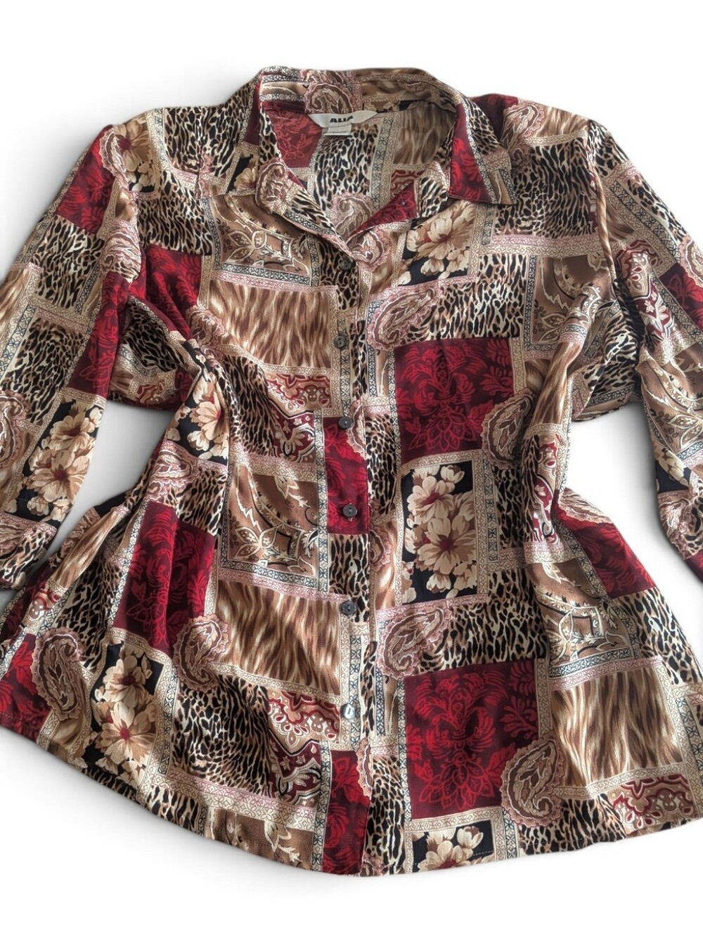 VTG Alia Patchwork Leopard Paisley Crimson Damask Button Down Shirt Plus 22W